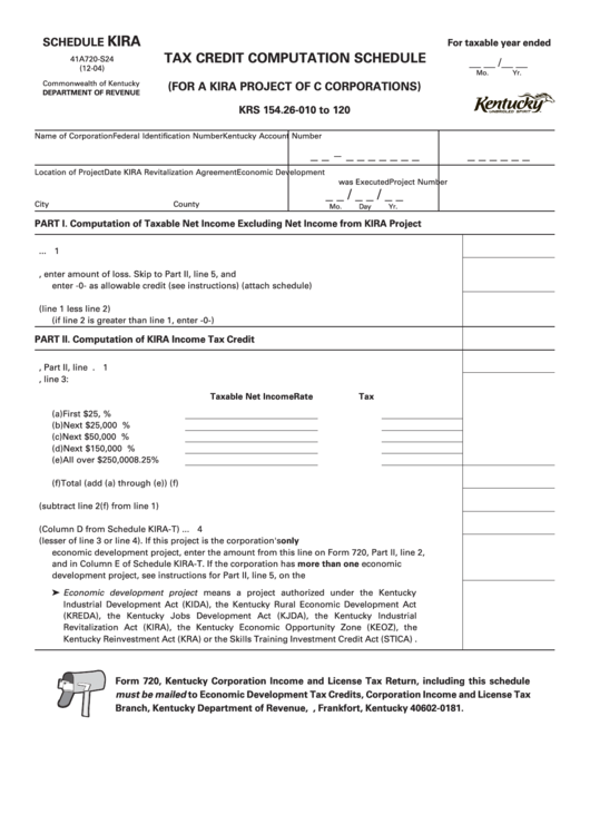 Schedule Kira (Form Form 41a720-S24) - Tax Credit Computation Schedule (For A Kira Project Of C Corporations) Printable pdf
