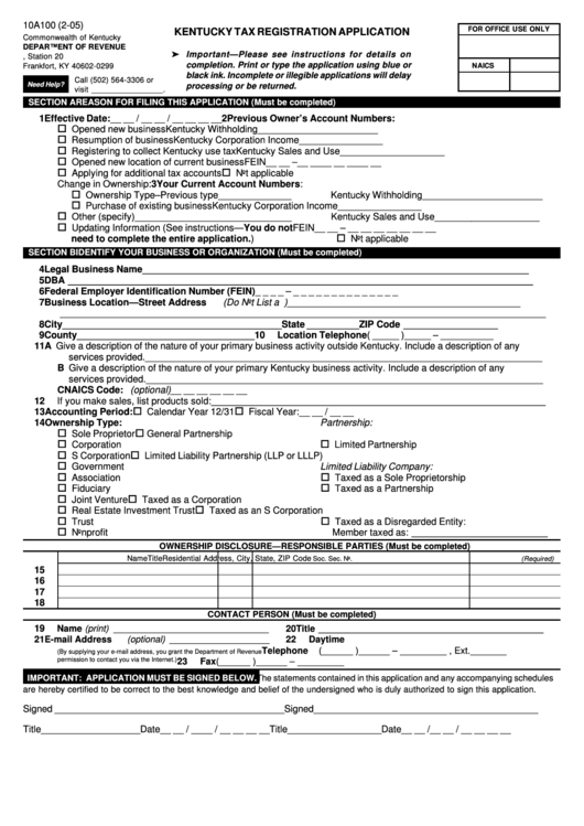 Form 10a100 - Kentucky Tax Registration Application Printable pdf