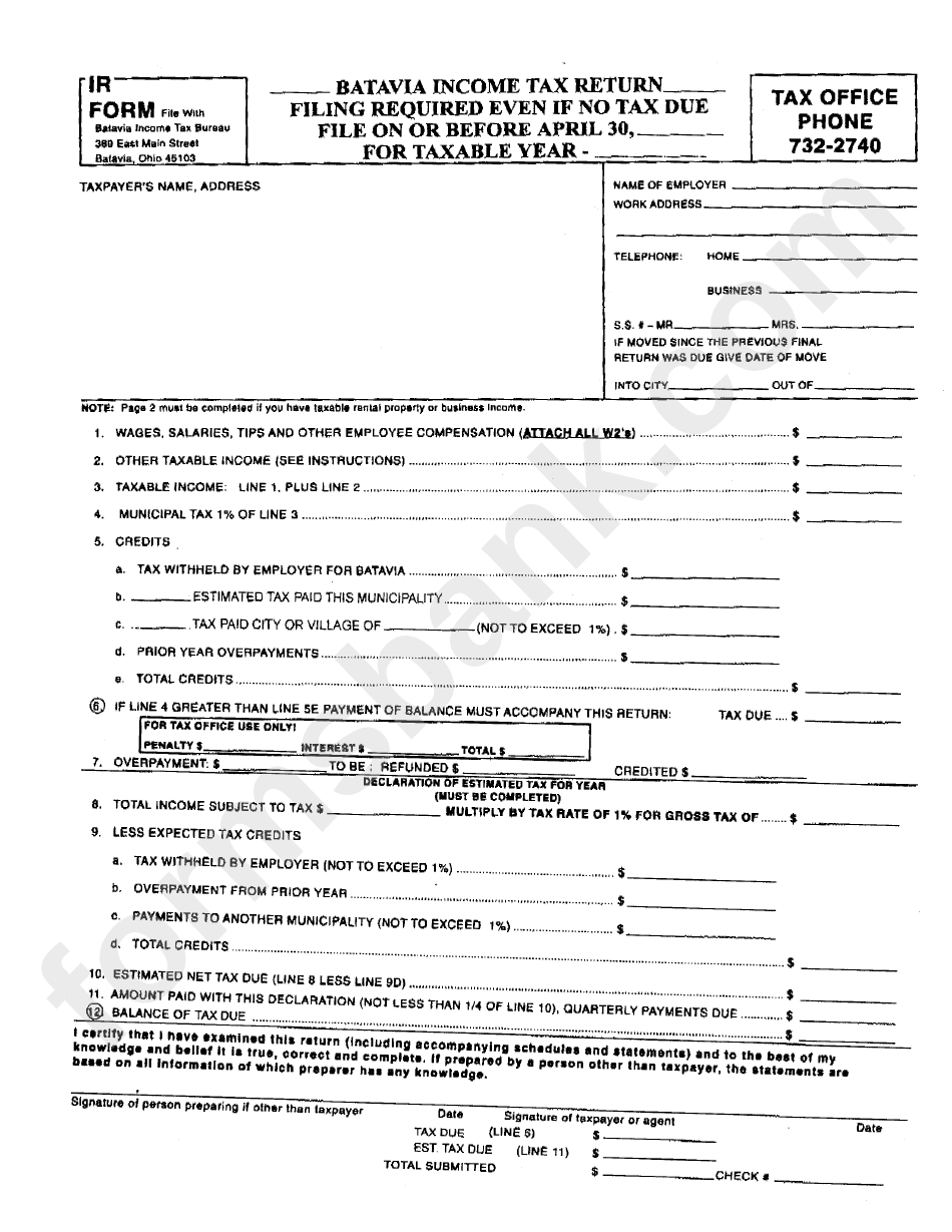 Form Ir - Batavia Income Tax Return