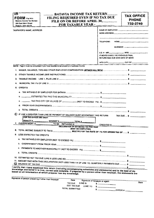 Form Ir - Batavia Income Tax Return Printable pdf