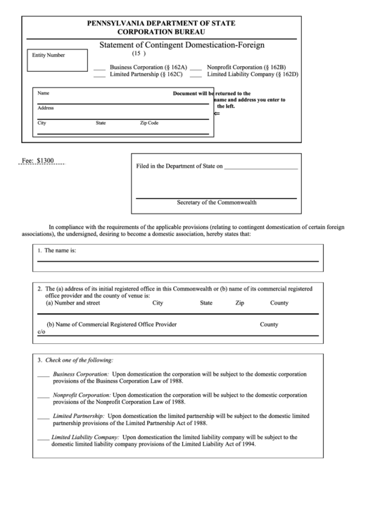 Fillable Form Dscb:15-162a/162b/162c/162d-2 - Statement Of Contingent Domestication-Foreign - 2002 Printable pdf