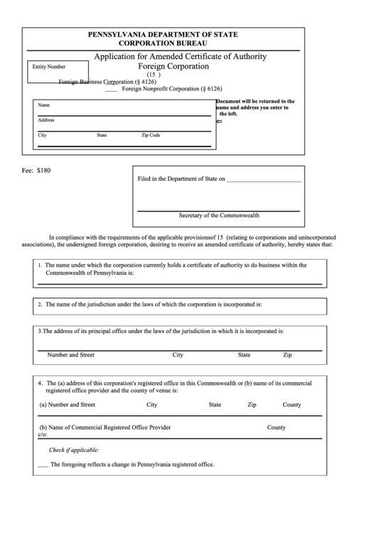 Fillable Form Dscb:15-4126/6126-2 - Application For Amended Certificate Of Authority Foreign Corporation - 2002 Printable pdf
