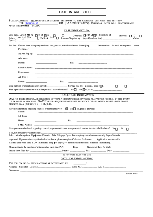 Oath Intake Sheet Form printable pdf download