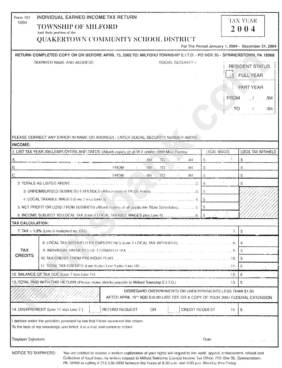 Form 101 - Individual Earned Income Tax Return - 2004