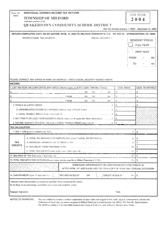 Form 101 - Individual Earned Income Tax Return - 2004 Printable pdf