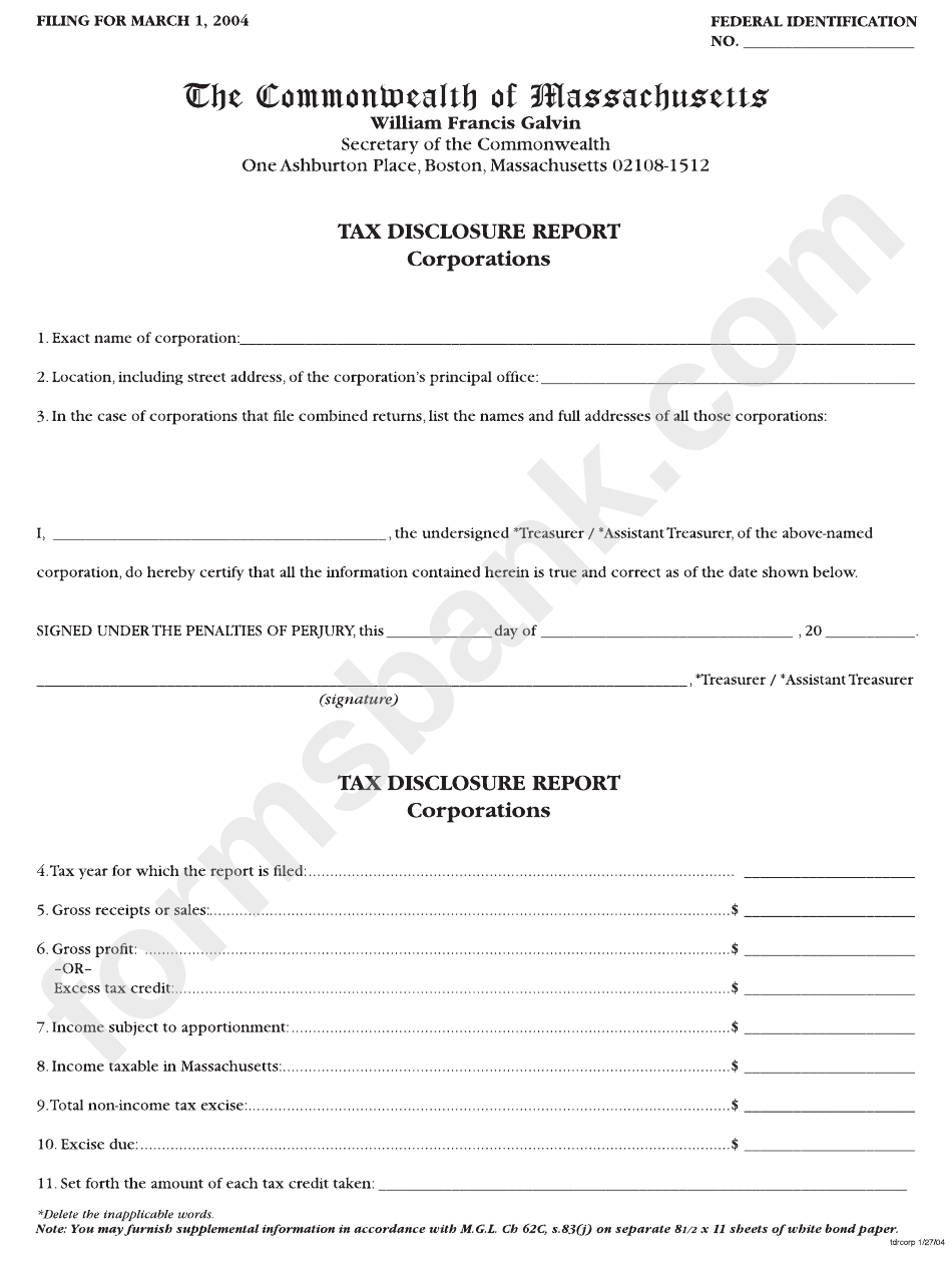 Tax Disclosure Report Form