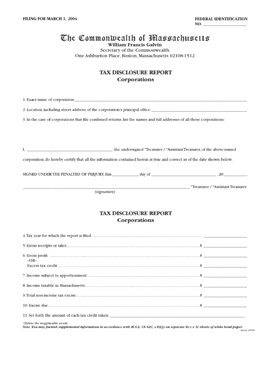 Tax Disclosure Report Form Printable pdf