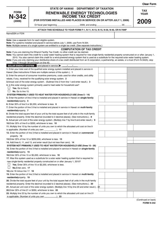 Fillable Form N-342 - Renewable Energy Technologies Income Tax Credit - 2009 Printable pdf