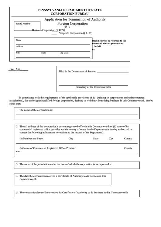 Fillable Form Dscb:15-4129/6129-2 - Application For Termination Of Authority Foreign Corporation Printable pdf