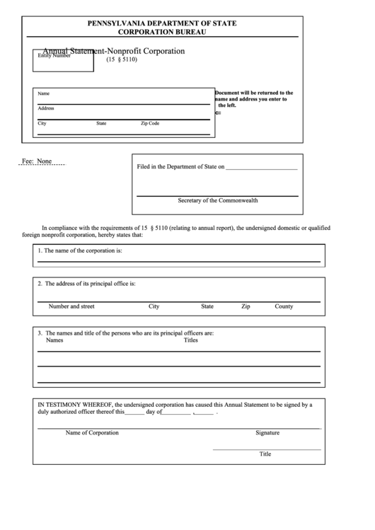 Fillable Annual Statement-Nonprofit Corporation Form Printable pdf