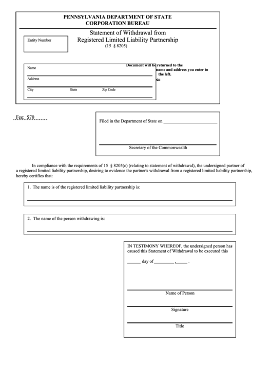 Fillable Statement Of Withdrawal From Registered Limited Liability Partnership Form Printable pdf