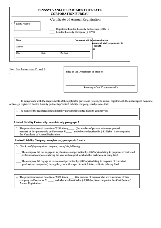 Fillable Form Dscb:15 8221/8998 2 Certificate Of Annual Registration