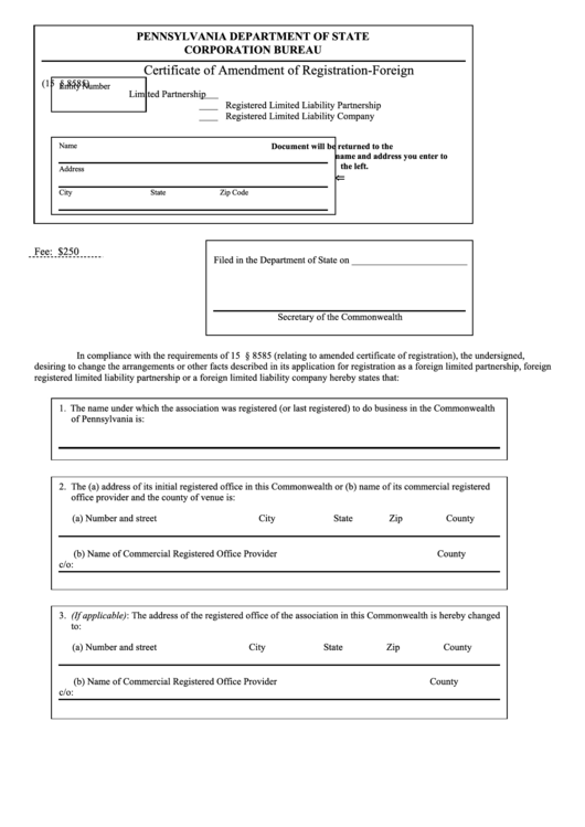 Fillable Form Dscb:15-8585-2 - Certificate Of Amendment Of Registration-Foreign Printable pdf