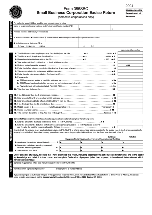 Form 355sbc - Small Business Corporation Excise Return - 2004 Printable pdf