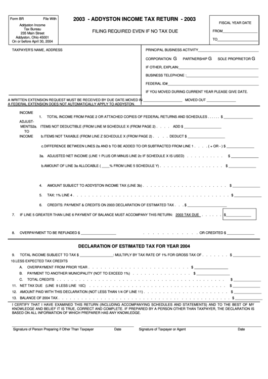 Form Br - Addyston Income Tax Return - 2003 Printable pdf