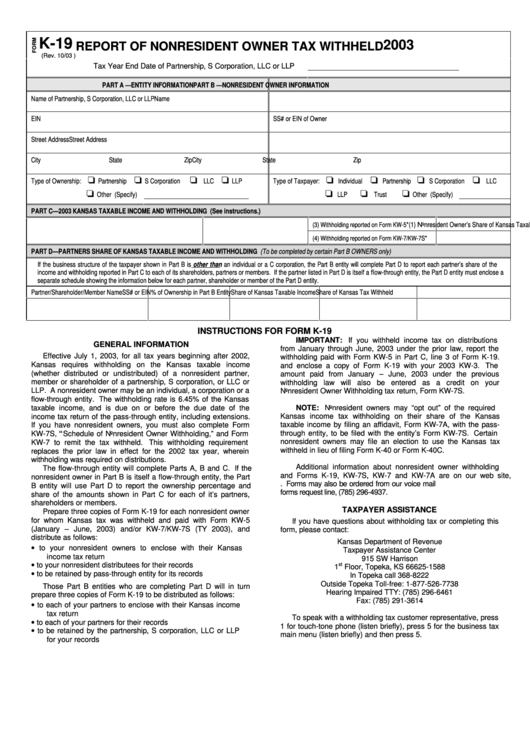 Form K-19 - Report Of Nonresident Owner Tax Withheld - 2003 Printable pdf