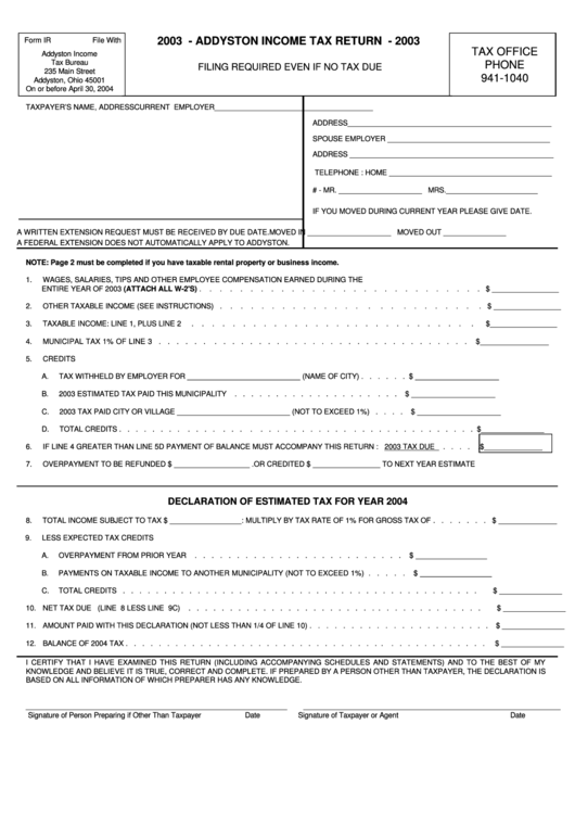 Form Ir - Addyston Income Tax Return - 2003 Printable pdf