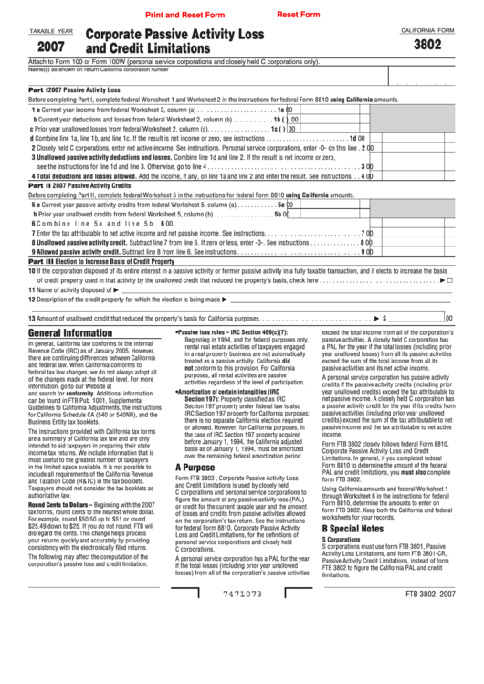 Fillable California Form 3802 - Corporate Passive Activity Loss And Credit Limitations - 2007 Printable pdf