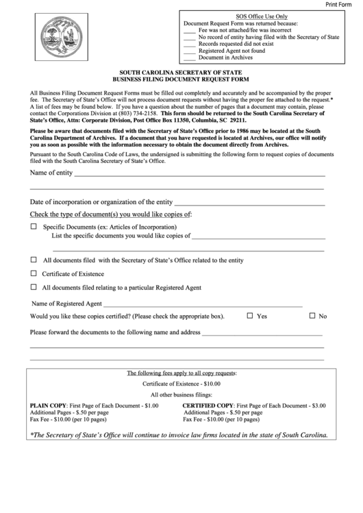 Fillable Business Filing Document Request Form - South Carolina Secretary Of State Printable pdf