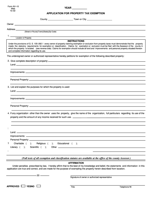 Form Av-10 - Application For Property Tax Exemption Printable pdf