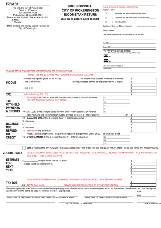 Form R2 - 2003 Individual City Of Pickerington Income Tax Return Printable pdf