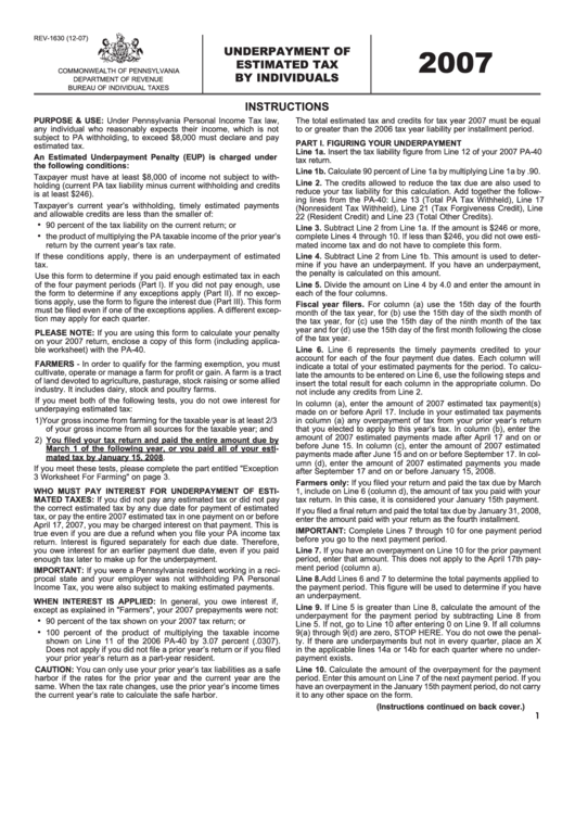 Instructions For Form Rev-1630 - Underpayment Of Estimated Tax Dy Individuals - 2007 Printable pdf