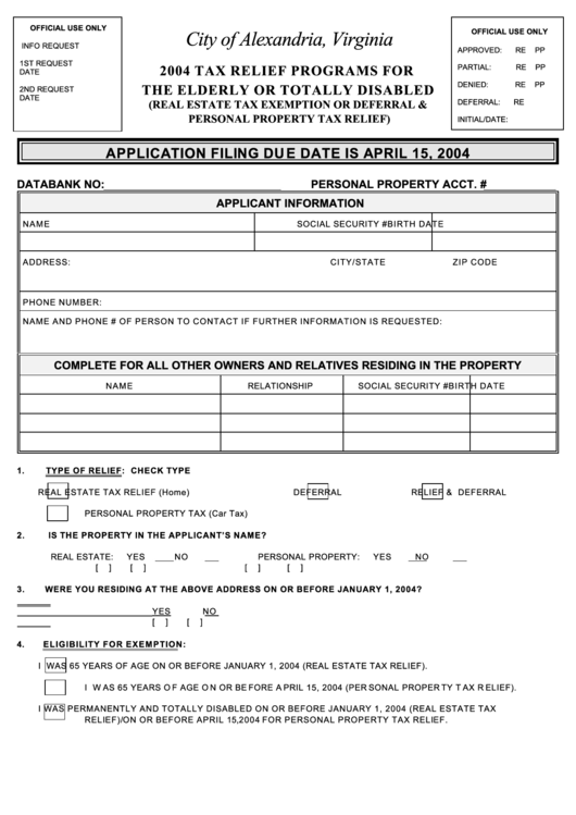 Real Estate Exemption Or Deferral And Personal Property Tax Relief Form - 2004