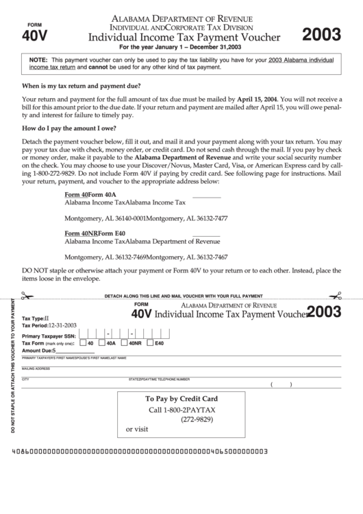 Form 40v - Individual Income Tax Payment Voucher - 2003 Printable pdf