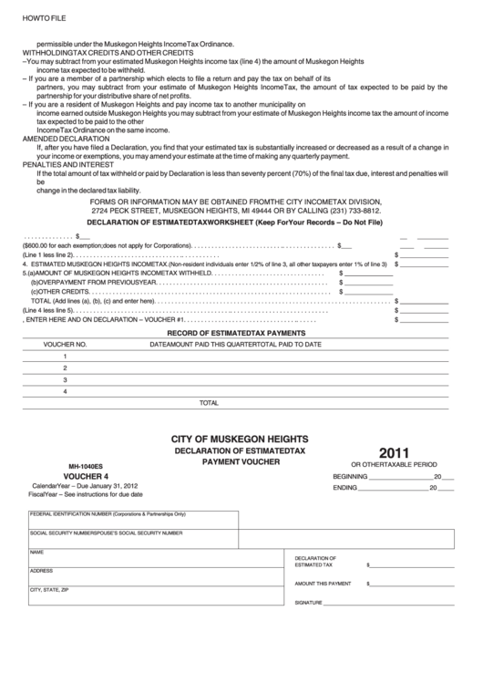 Form Mh-1040es - Declaration Of Estimated Tax Payment Voucher - 2011 Printable pdf
