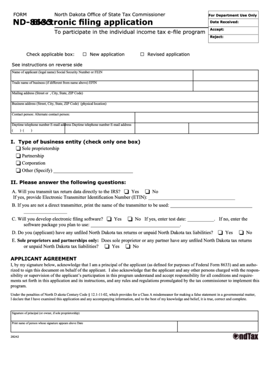 Fillable Form Nd-8633 - Electronic Filing Application Printable pdf