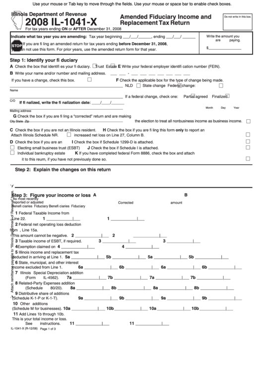 Fillable Form Il-1041-X - Amended Fiduciary Income And Replacement Tax Return - 2008 Printable pdf