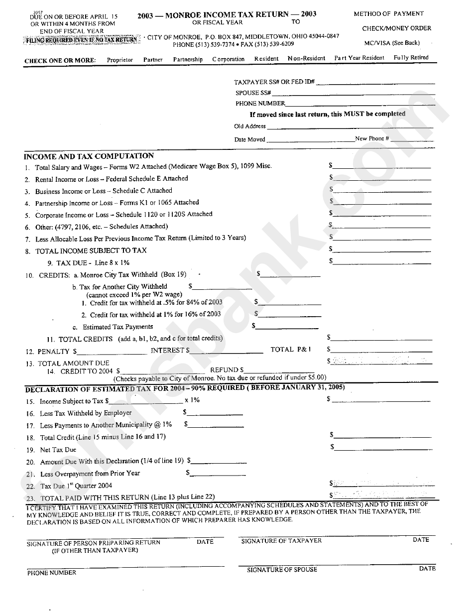 Income Tax Return Form - City Of Monroe - 2003 printable pdf download