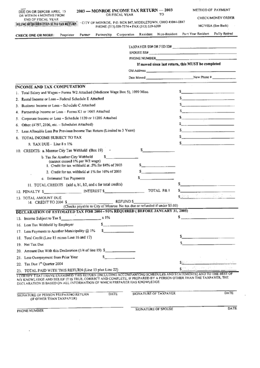 Income Tax Return Form - City Of Monroe - 2003 printable pdf download