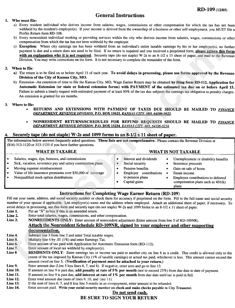 Instructions For Form Rd-109 - Wage Earner Return - 2005 printable pdf ...