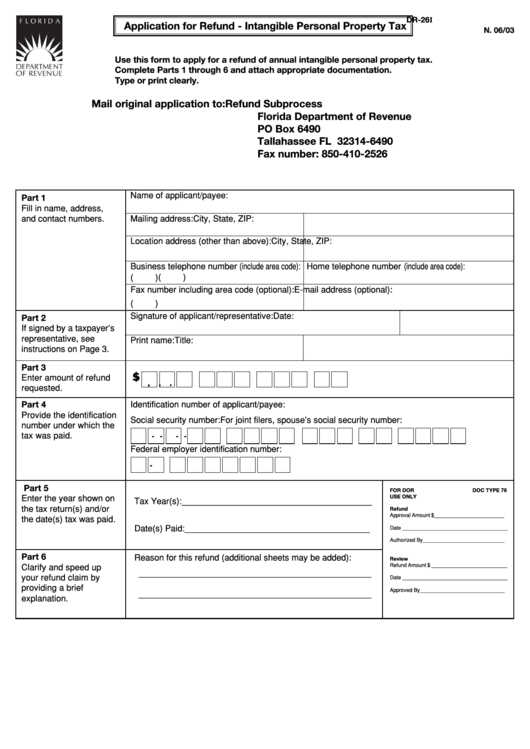 Form Dr-26i - Application For Refund - Intangible Personal Property Tax - 2003 Printable pdf
