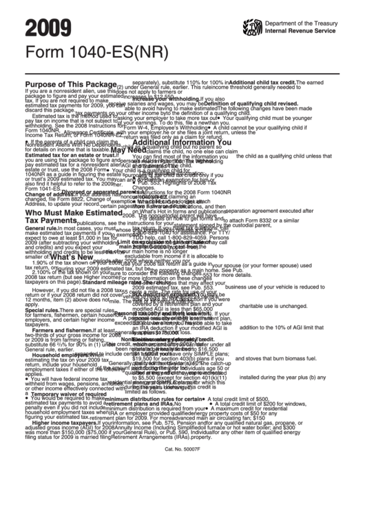 Form 1040-Es(Nr) - U.s. Estimated Tax For Nonresident Alien Individuals - 2009 Printable pdf