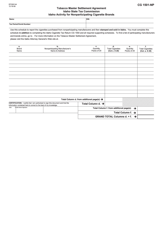 Form Cg 1501 -Np - Idaho Activity For Nonparticipating Cigarette Brands Printable pdf