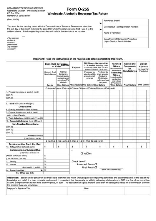 Form O-255 - Wholesale Alcoholic Beverage Tax Return - 2001 Printable pdf