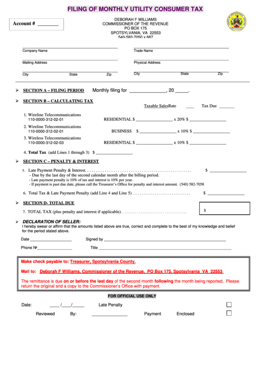 Filing Of Monthly Utility Consumer Tax Form - County Of Spotsylvania Commissioner Of The Revenue Printable pdf
