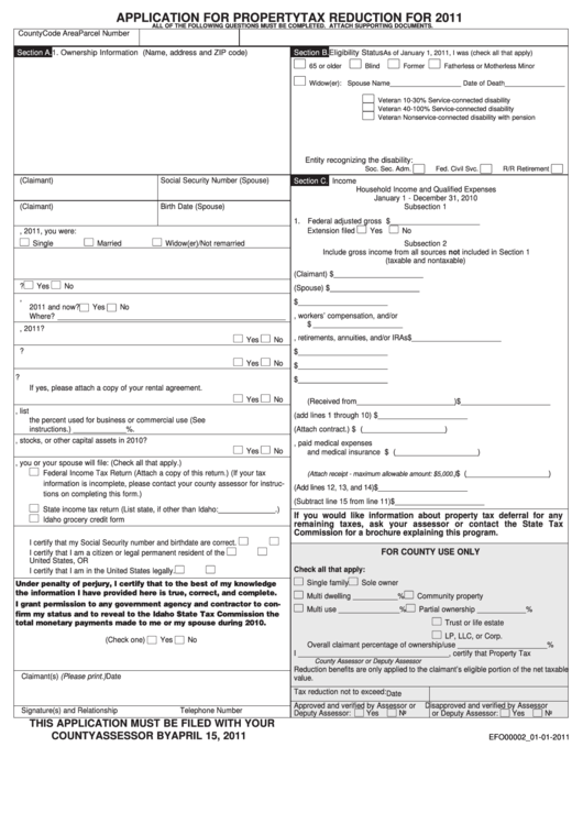 Application For Property Tax Reduction - Idaho County Assessor - 2011 Printable pdf