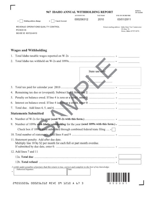 Form Ro967a - Idaho Annual Withholding Report Printable pdf