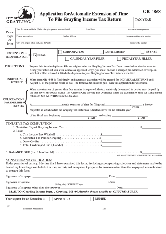 Form Gr4868 To File Grayling Tax Return printable pdf download