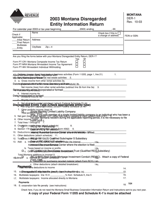 Fillable Form Der-1 - Montana Disregarded Entity Information Return - 2003 Printable pdf