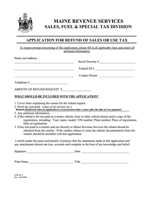Form Str-46-A - Application For Refund Of Sales Or Use Tax Printable pdf
