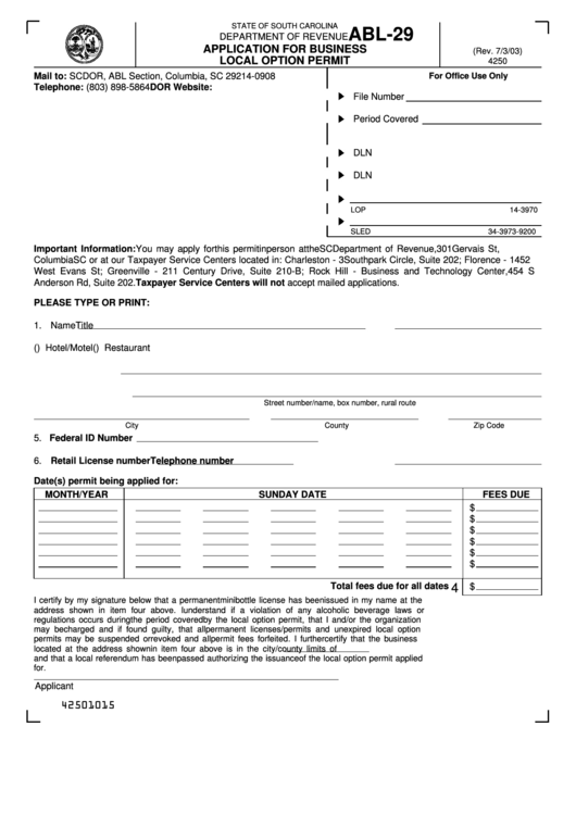 Form Abl-29 - Application For Business Local Option Permit Printable pdf