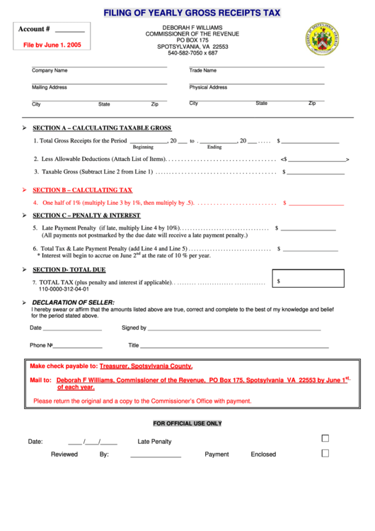 Filing Of Yearly Gross Receipts Tax Form - County Of Spotsylvania Printable pdf