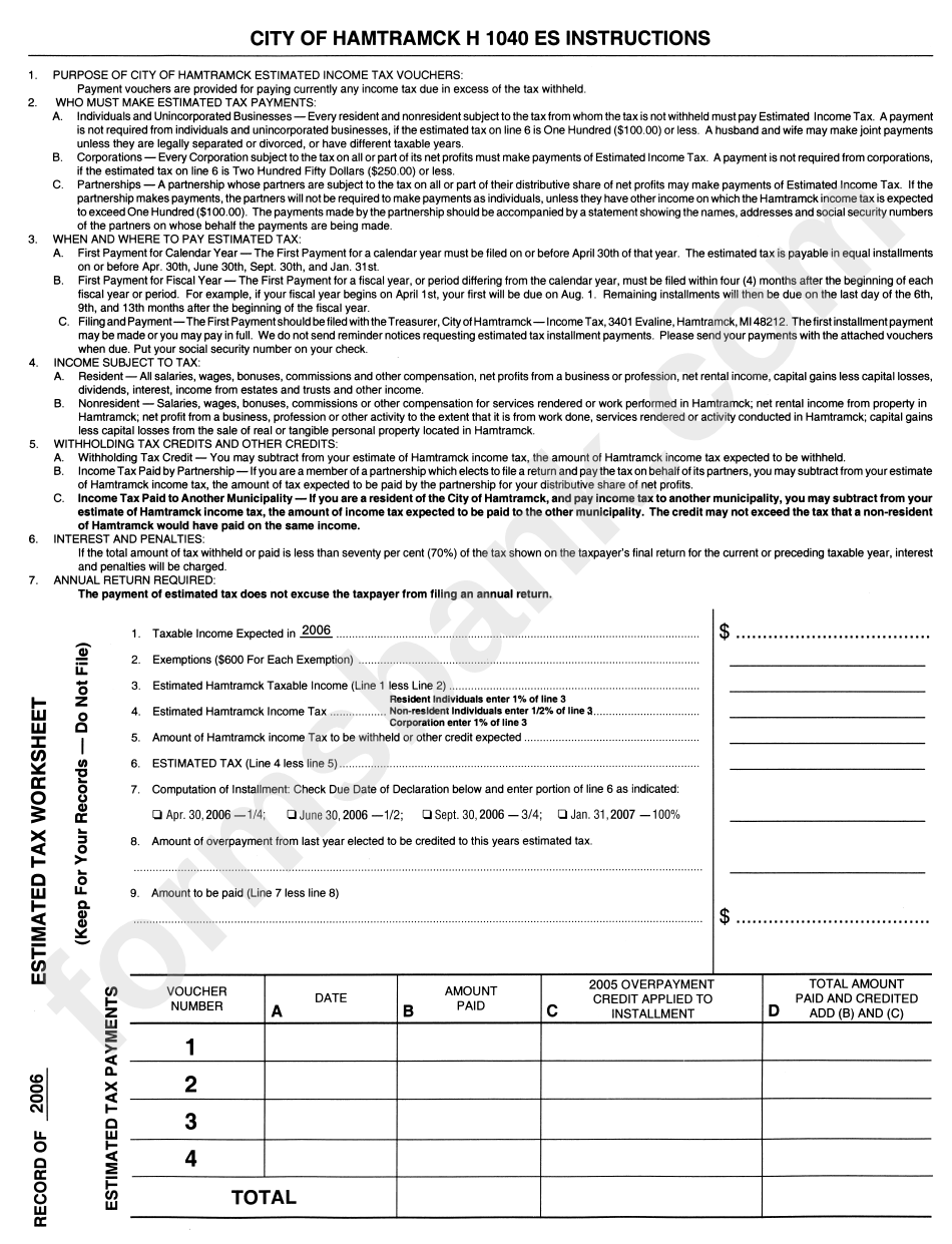 Form H 1040 Es - Estimated Tax Worksheet - 2006