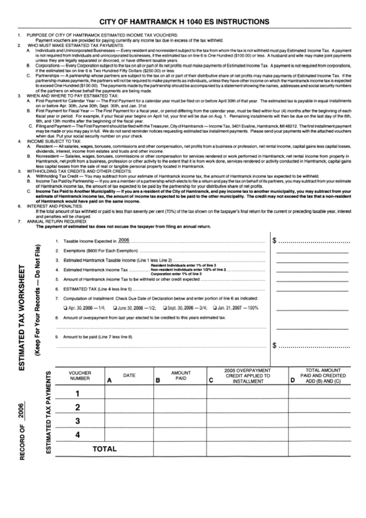 Form H 1040 Es - Estimated Tax Worksheet - 2006 Printable pdf