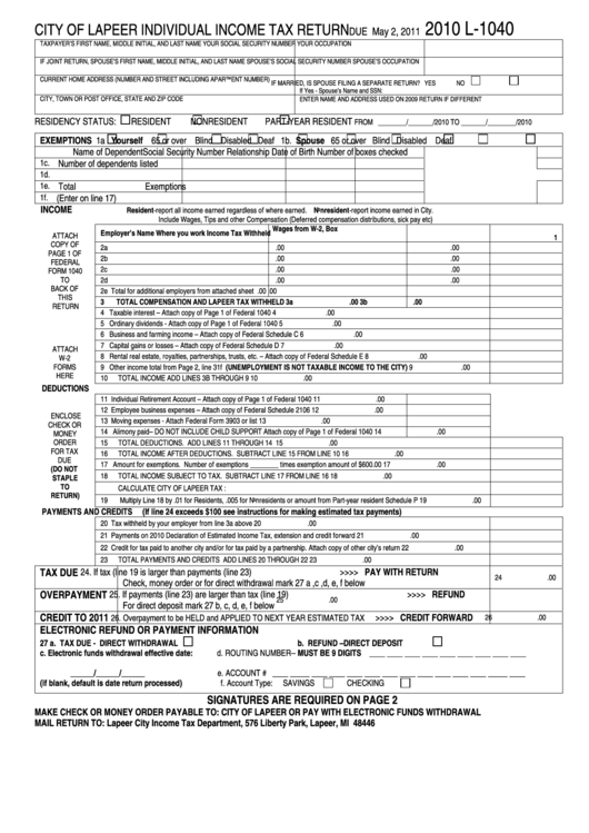 Form L-1040 - City Of Lapeer Individual Income Tax Return - 2010 Printable pdf