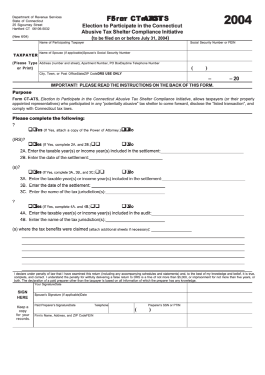 Form Ct-Ats - Election To Participate In The Connecticut Abusive Tax Shelter Compliance Initiative - 2004 Printable pdf